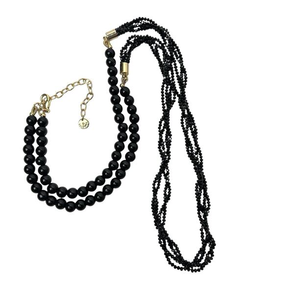 Talbots Necklace Beaded Small Round Faceted Black Gold Tone Accents Princess 36" - Picture 1 of 12